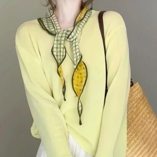 新款双色早春草绿黄格纹丝巾女双面三角巾森系棉质领巾脖子配饰