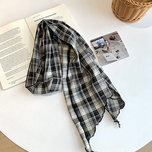 春秋新款护颈棉麻围巾女薄款百搭格子窄款细长条褶皱装饰丝巾