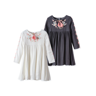 关店清仓38折 女童装春款刺绣花中大童长袖双层棉连衣裙