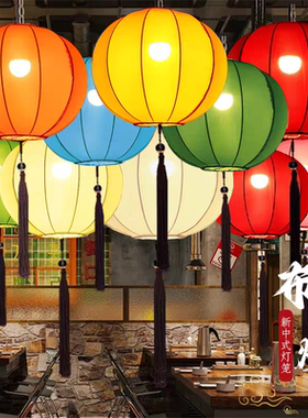 圆形布艺灯笼黄红橙色灯户外连串新中式吊灯景区民宿街道美陈装饰