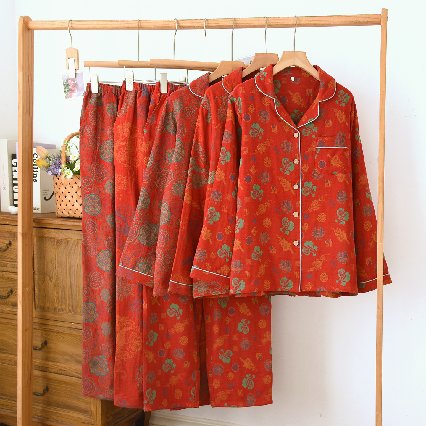 纯棉新年红福字春秋睡衣套装女