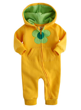 小花朵韩国 秋冬宝宝黄色长袖连帽抓绒连体衣哈衣婴幼儿外出爬服