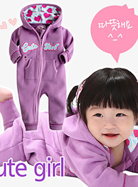 韩国外贸春秋女宝宝紫色长袖抓绒连体衣哈衣婴幼儿爬服外出卫衣服