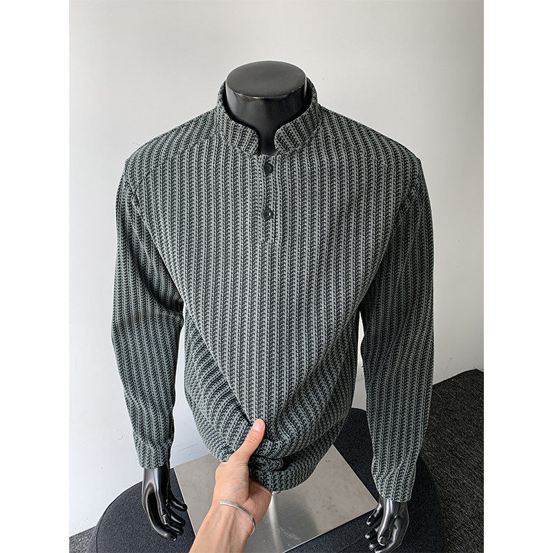 鱼骨纹长袖T恤男亨利领卫衣男春秋季外套套头打底衫加绒保暖冬装