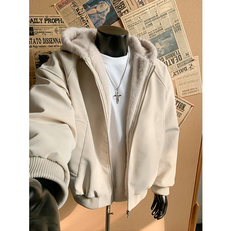 座山雕PU皮棉衣男加厚加绒棉服荔枝纹连帽棉袄男女外套冬季防寒