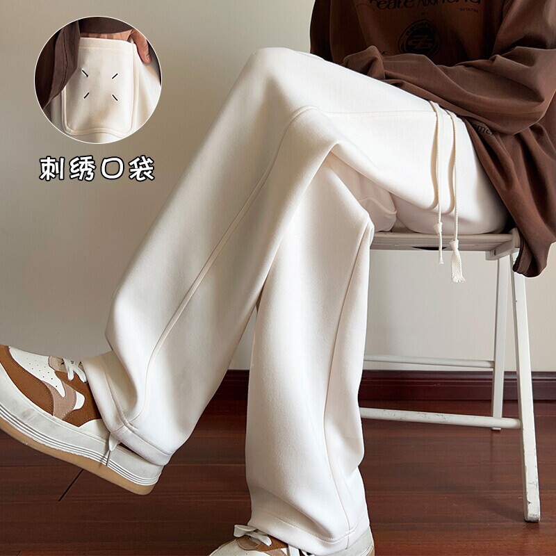 美式刺绣糯米裤男生春秋季卫裤重磅冬款加绒运动休闲裤直筒裤长裤