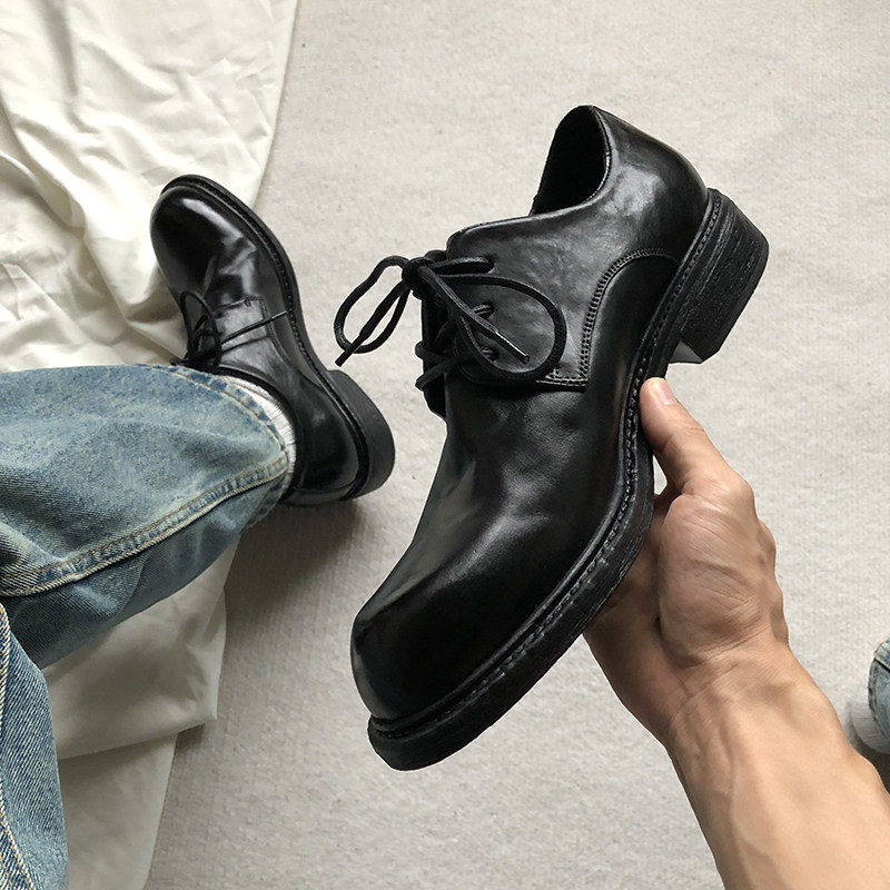 黑色水洗植鞣马皮老钱皮鞋男士