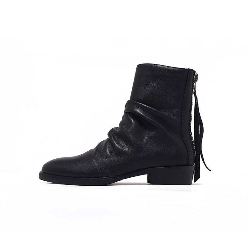 thumbnail for SELVMAKE 26AW Handmade Pleated Pointed Toe Chelsea Boots Men's Back Zipper Leather Boots Casual High-Top Leather Shoes