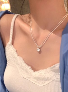 双层拉丝爱心吊坠项链女高级感轻奢小众颈链精致百搭锁骨链毛衣
