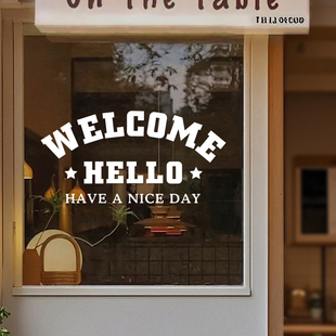 WELCOME你好欢迎光临 咖啡服装店铺大橱窗玻璃门装饰墙贴纸自粘