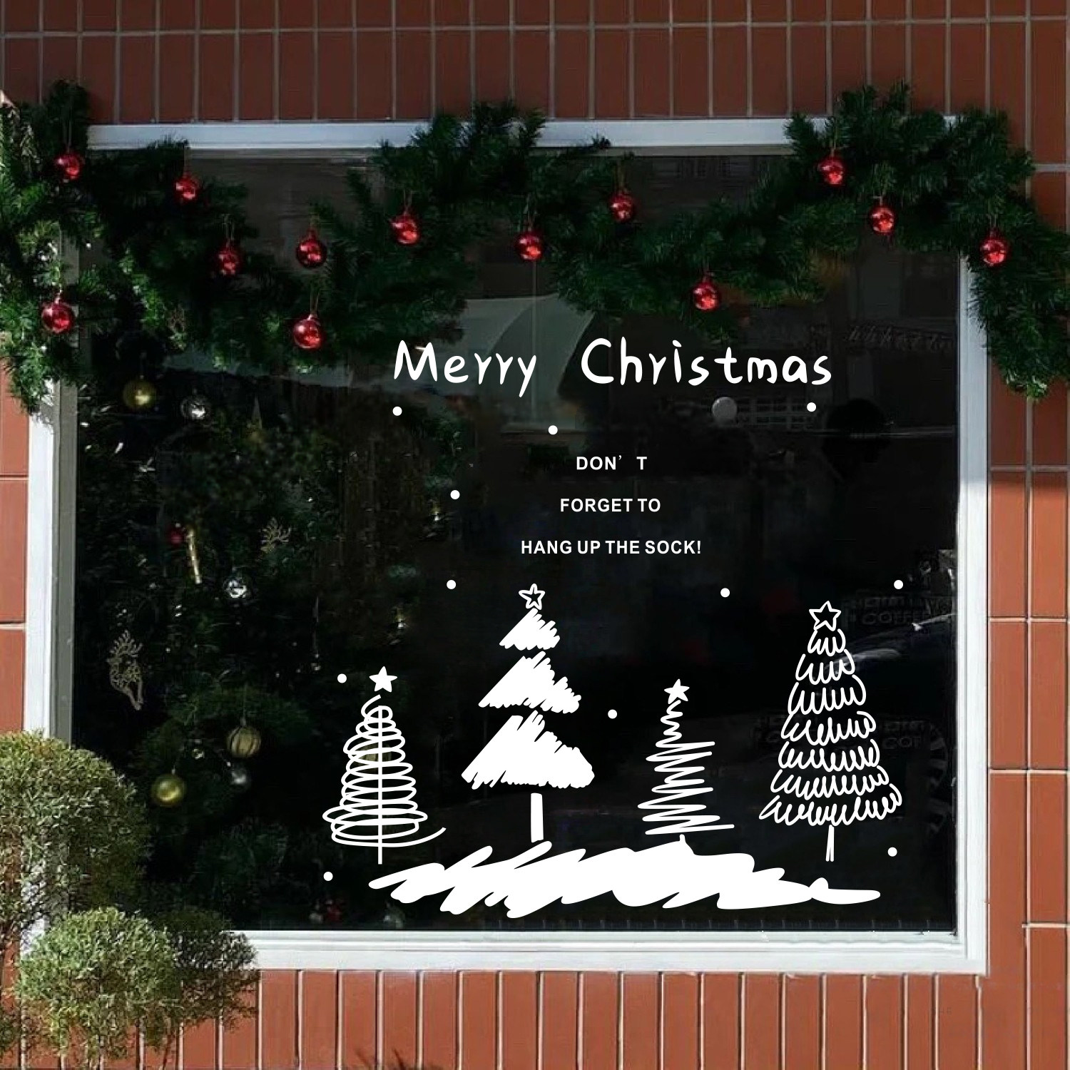 创意圣诞树手写英文玻璃贴纸 圣诞节商场门店节日氛围布置橱窗贴