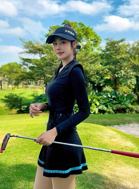 SG高尔夫服装女夏季新款冰丝防晒长袖t恤小V翻领polo衫短裙子套装