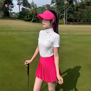 2025新款高尔夫女装上衣镂空半高领冰感防晒短袖t恤百褶短裙套装