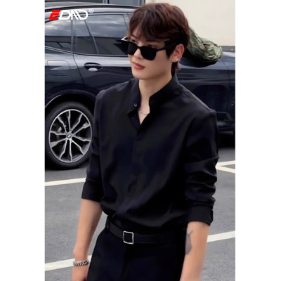 英伦雅痞风黑色衬衫男士长袖2025新款春秋季痞帅立领短袖衬衣男款