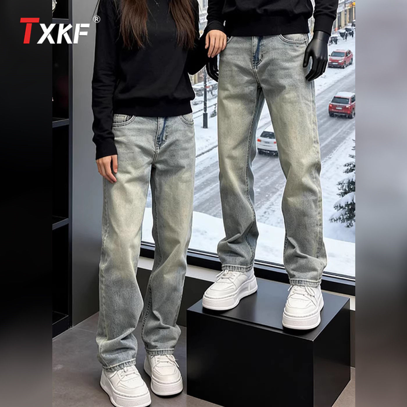 浅蓝色直筒牛仔裤男士2026新款春季男裤美式窄版修身休闲裤子男款