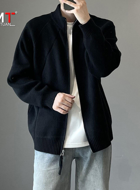 高端黑色针织开衫外套男士2025新款春秋冬季休闲立领拉链毛衣男款