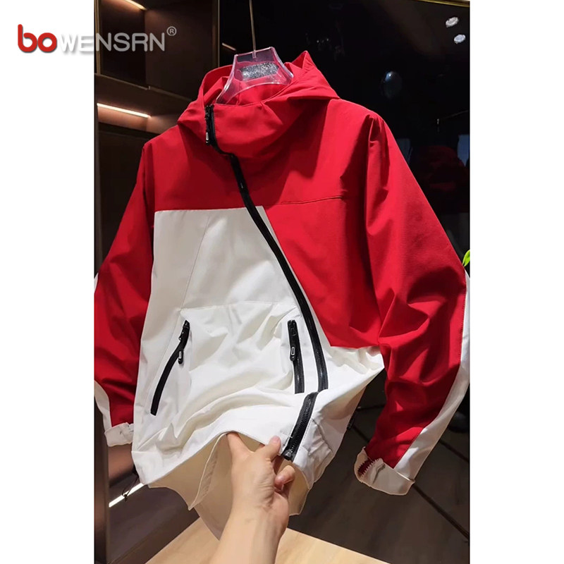 痞帅斜拉链冲锋衣男士2025新款春秋冬季爆款连帽工装夹克外套男款