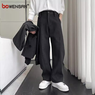 高端毛呢休闲裤子男士2025新款秋冬季加厚男裤轻熟风弯刀西裤男款