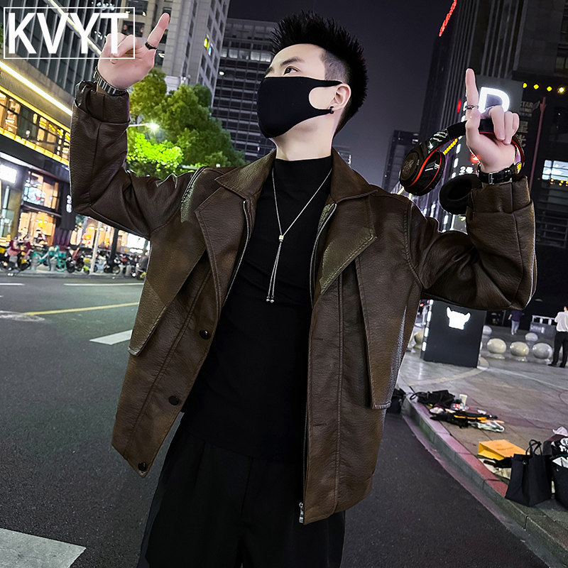 潮牌男士高级感皮衣外套2025年秋冬季新款假两件加厚痞帅夹克男款