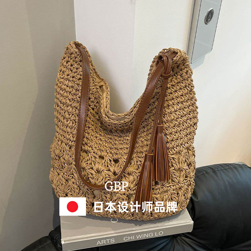 日本ファッションバッグ草编包女大容量编织单肩包通勤托特包手机