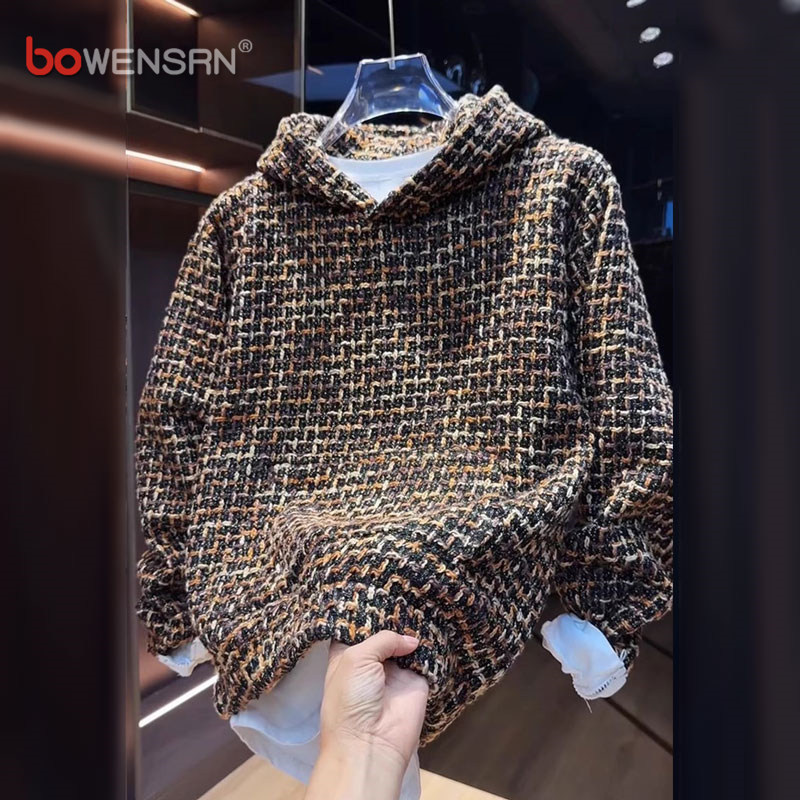 潮牌小香风编织连帽卫衣男士2025新款春秋冬季复古针织衫外套男款