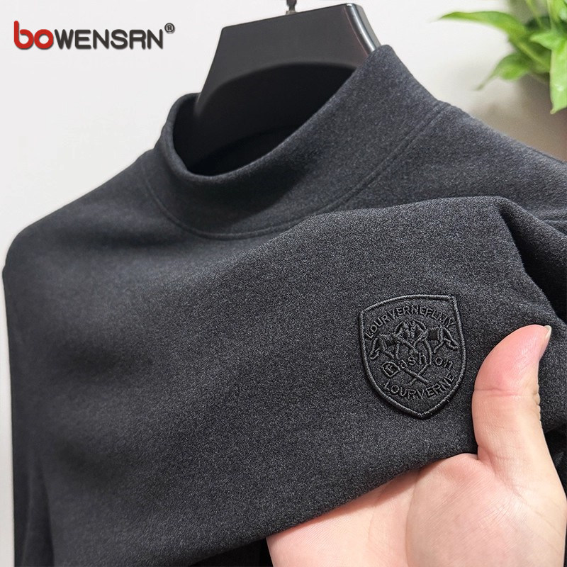 双面德绒半高领长袖T恤男士2025新款春秋冬季磨毛保罗打底衫男款