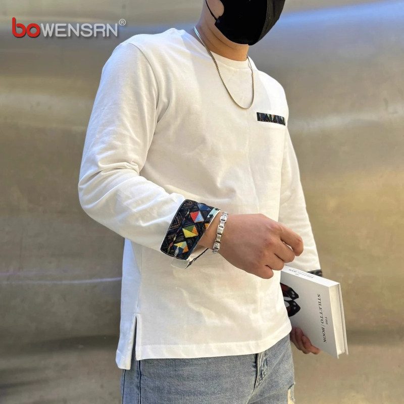 高端纯棉白色长袖T恤男士2025新款春秋冬季侧开叉衬衫袖卫衣男款