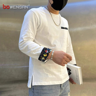 高端纯棉白色长袖T恤男士2025新款春秋冬季侧开叉衬衫袖卫衣男款