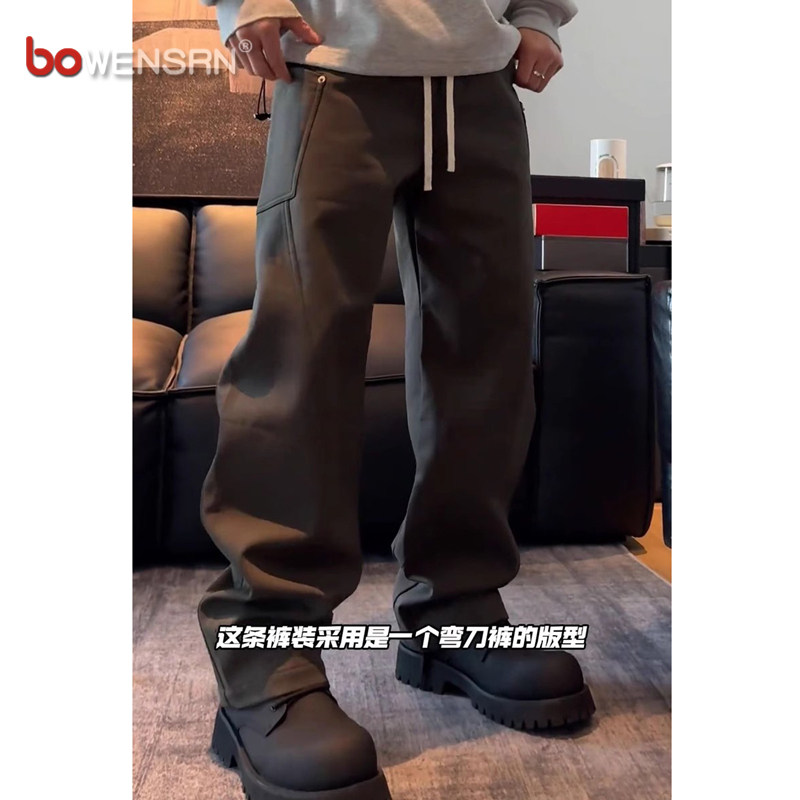 潮牌弯刀休闲裤男士2025新款秋冬季加绒加厚男裤直筒阔腿裤子男款