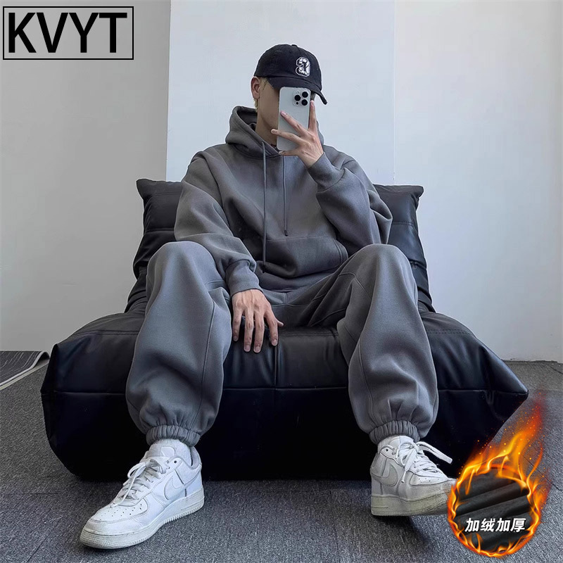 潮牌男士休闲运动套装加绒冬季款高级感卫衣卫裤男装一套搭配帅气