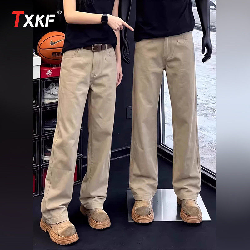 潮牌卡其色直筒休闲裤子男士2026新款夏季男裤高级感微喇西裤男款