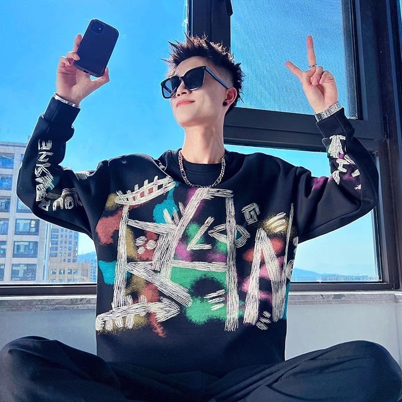 潮牌涂鸦印花卫衣男秋冬2025新款痞帅长袖T恤保暖加绒加厚打底衫
