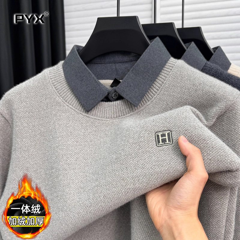 一体绒加厚假两件毛衣男士2025新款冬季加绒保暖衬衫领针织衫男款