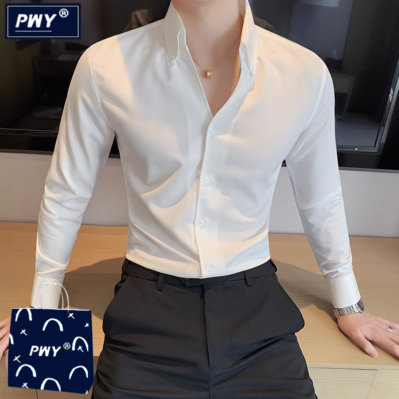 潮牌痞帅V领长袖衬衫男春秋季2025新款法式英伦修身白色商务衬衣