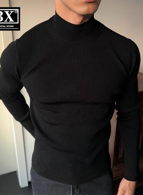 高端黑色半高领毛衣男士2025新款秋冬季西装内搭打底衫男款针织衫