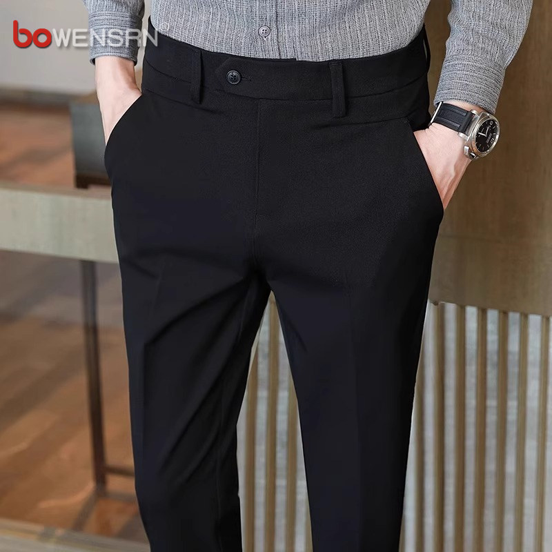 高端黑色西裤男士2025新款春秋修身直筒休闲商务裤子男款冬季加绒