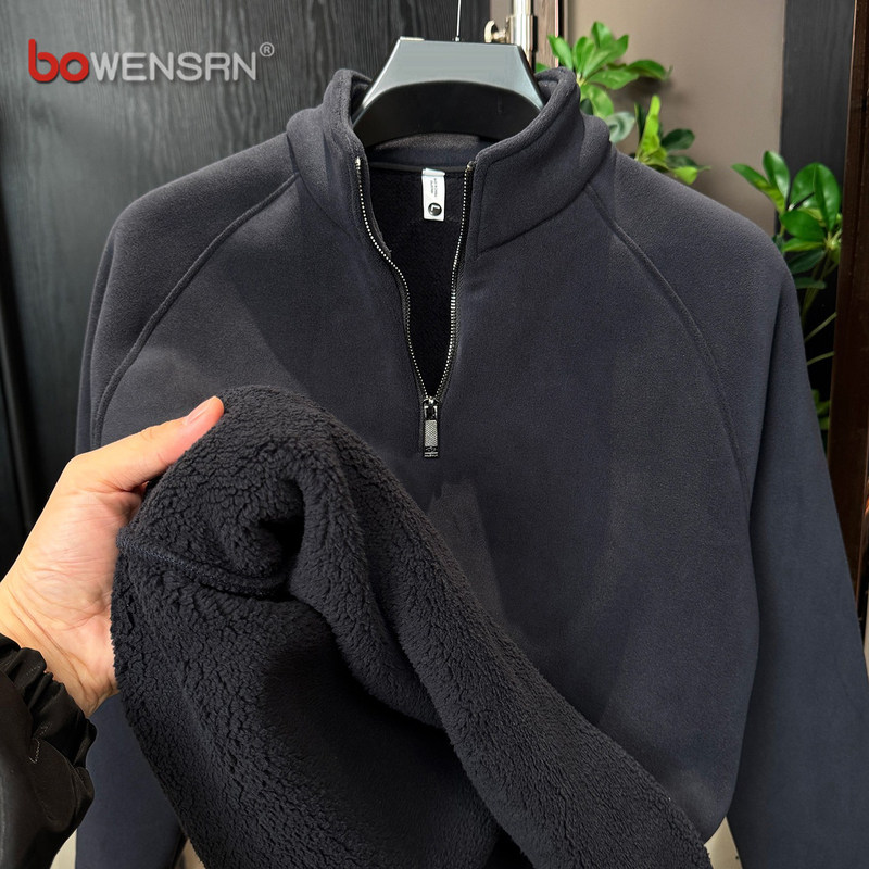 潮牌一体绒半拉链卫衣男士2025新款秋冬季加绒加厚保暖打底衫男款