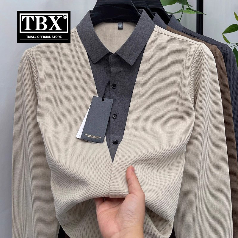 高端假两件长袖t恤男士2025新款春秋季休闲衬衫领卫衣打底衫男款