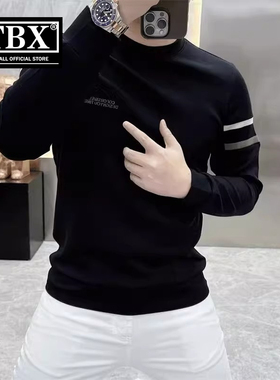 高端欧货卫衣男士长袖T恤2025新款春秋冬季加绒厚圆领打底衫男款