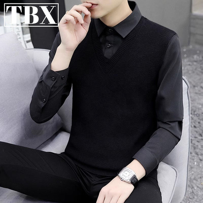 假两件毛衣男士春秋2025新款衬衫领针织衫男款内搭打底衫冬季加绒