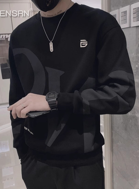 高端黑色圆领卫衣男士春秋冬季2025新款加绒加厚潮牌长袖t恤男款