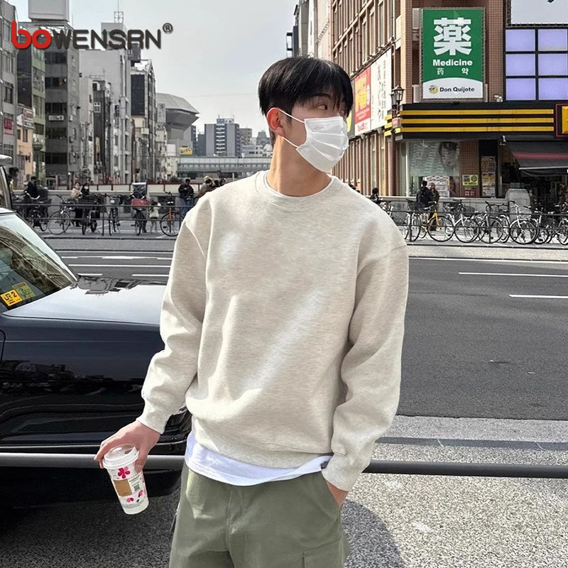 高端白灰色圆领卫衣男士2025新款春秋冬季重磅加绒加厚打底衫男款