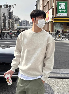 高端白灰色圆领卫衣男士2025新款春秋冬季重磅加绒加厚打底衫男款