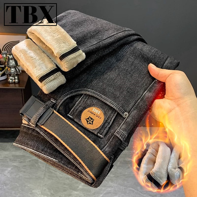 加绒加厚牛仔裤男士秋冬季2025新款直筒裤修身小脚羊羔绒裤子男款