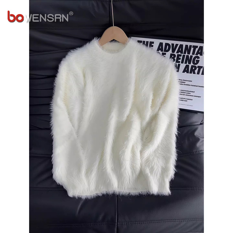 高级感马海毛白色毛衣男士2025新款秋冬季软糯保暖针织打底衫男款