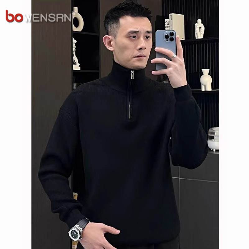 高端黑色半拉链高领毛衣男士秋冬季2025新款高级感针织打底衫男款