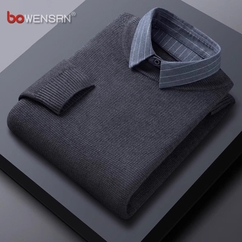 高端假两件衬衫领毛衣男士秋冬季2025新款加厚打底针织衫男款春秋