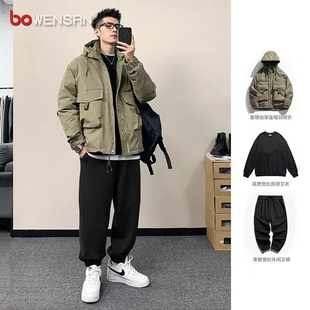 潮牌工装棉服男士套装冬季2024新款宽松痞帅连帽羽绒棉衣一套男款