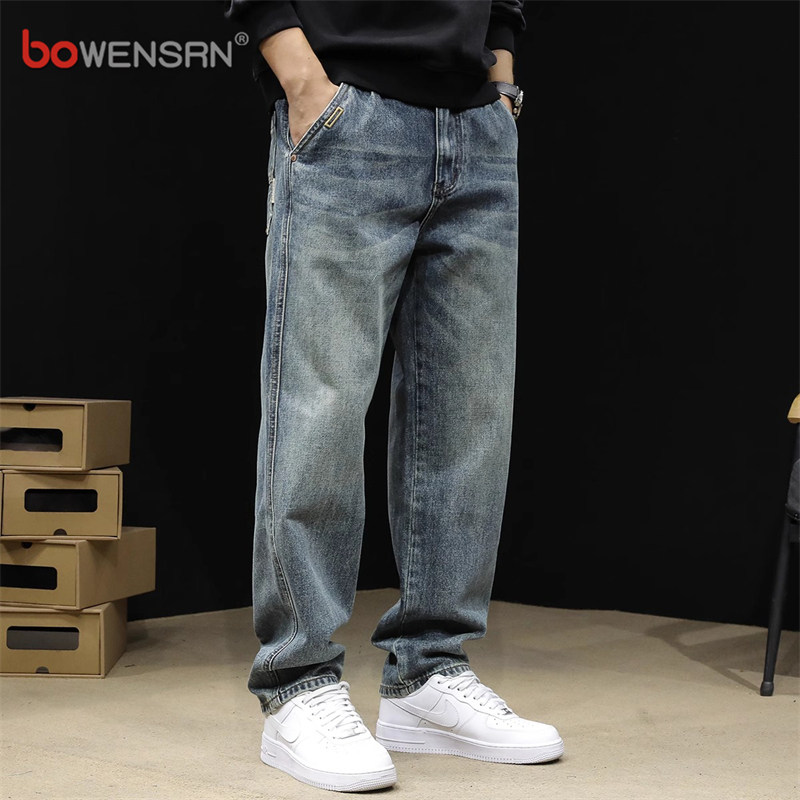 高端阔腿牛仔裤男士2025新款春秋冬季加绒宽松大码直筒男裤子男款