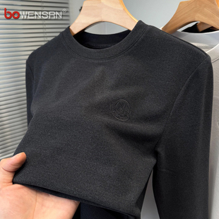 双面磨毛德绒刺绣打底衫男士2025新款秋冬季修身圆领长袖T恤男款